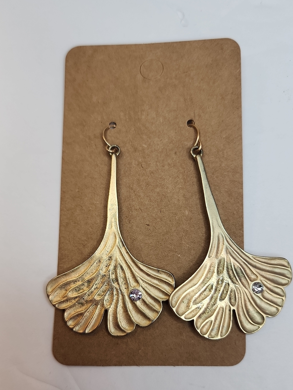 Gold Tone Ginkgo Leaf Earrings Rhinestone Statement Dangle